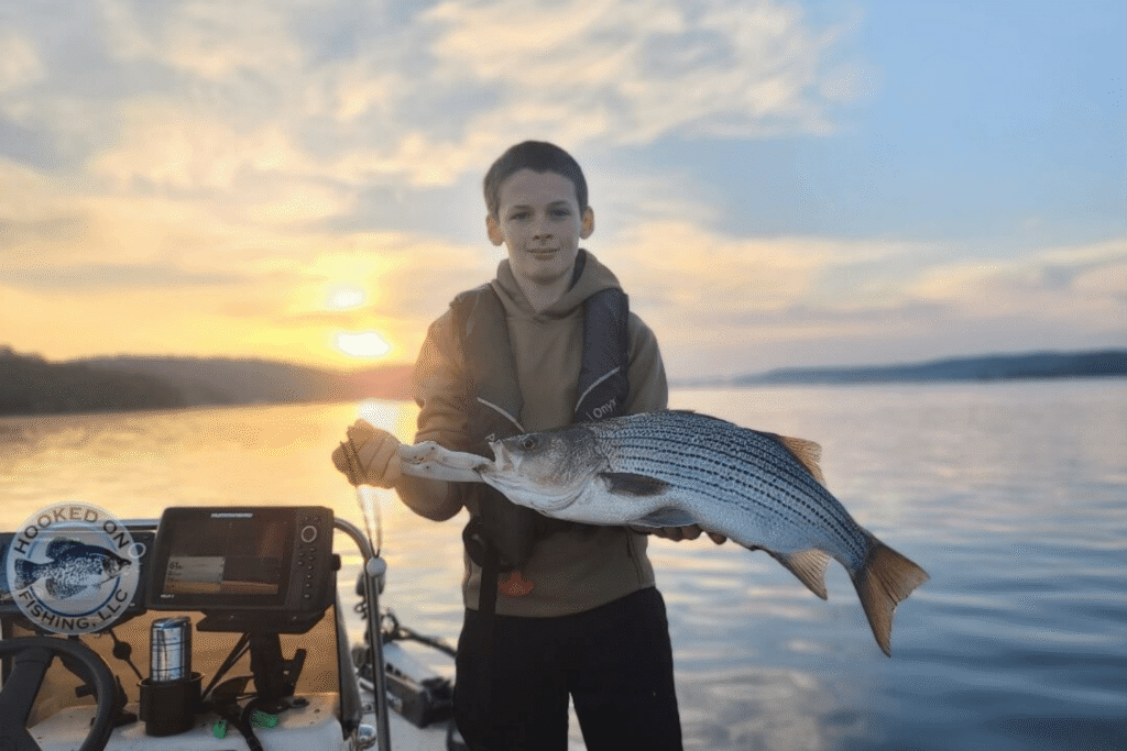 Young boy holding his catch of the day on a Hooked on Fishing guided tour of Beaver Lake